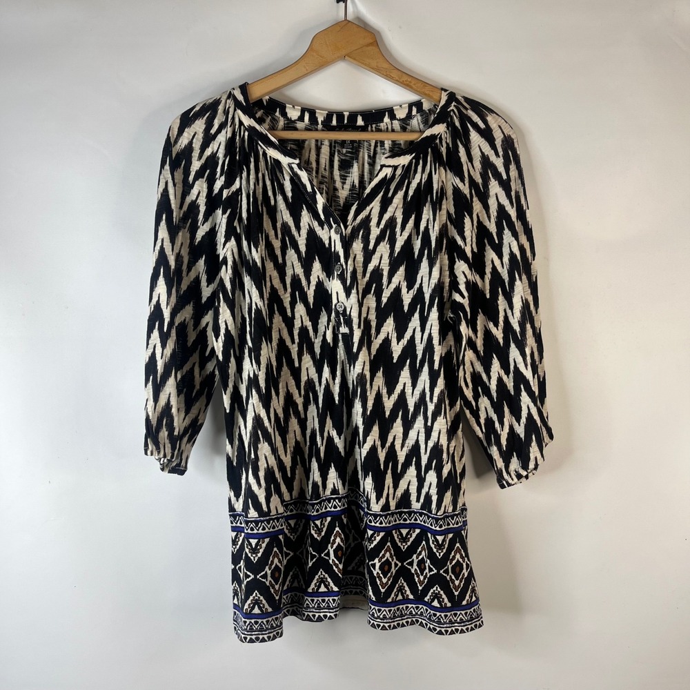 Lucky Brand Blouse Women 1X Black White Ikat Chevron Henley 3/4 Sleeve Tunic